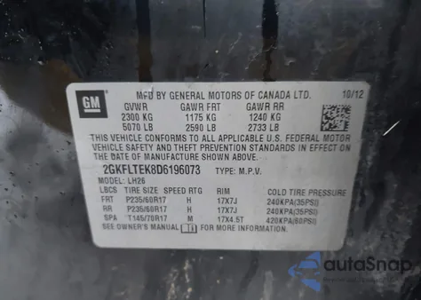 2013 GMC Terrain Sle-2 from USA, damaged, VIN 2GKFLTEK8D6196073